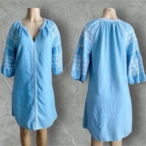 Gap Linen Dress Floral Embroidered Puff Sleeves Teal Blue Western Easter Boho S